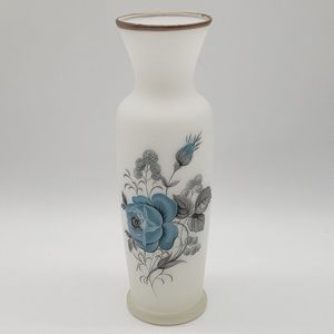 Norleans Vintage Satin Milk Glass Blue Roses Grey Leaves Gold Gilt Vase